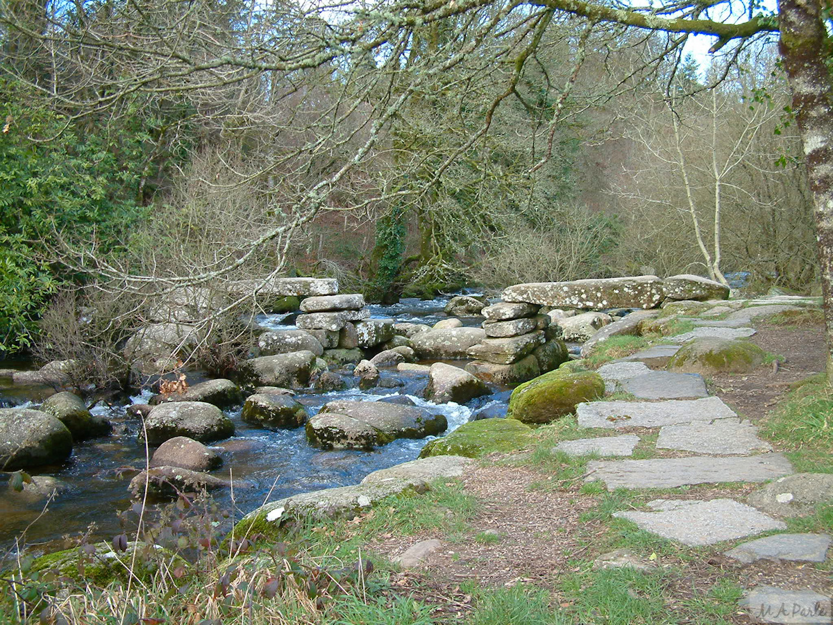 Clapper bridge over the East Dart River at Dartmeet