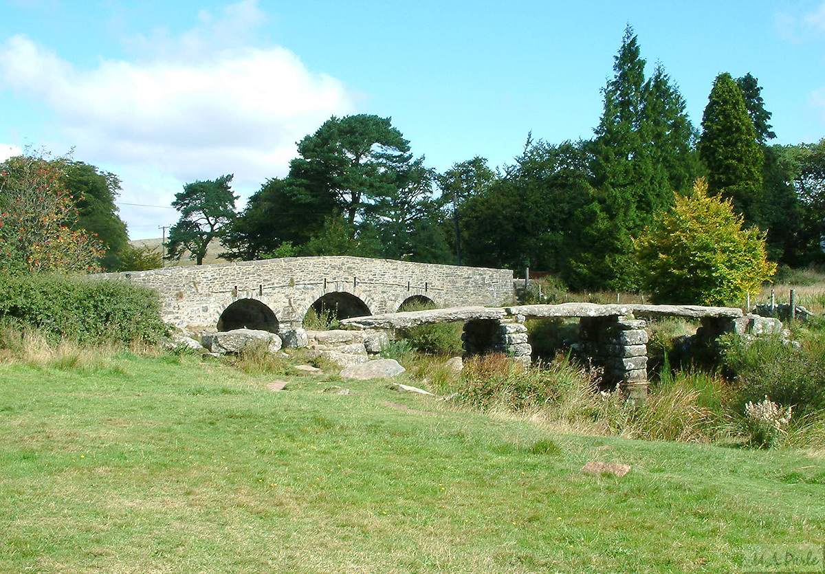 Road bridge and clapper bridge at Postbridge