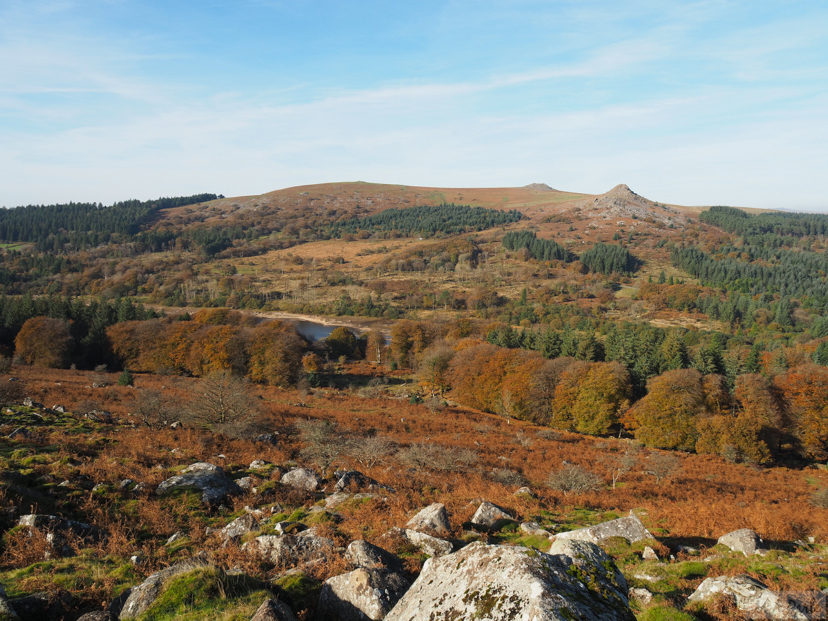 View north across Burrator Reservoir to Leather Tor