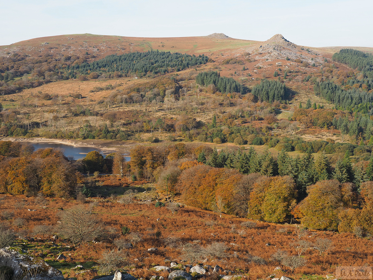 View north across Burrator Reservoir to Leather Tor